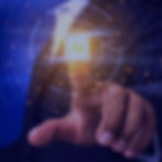 A finger touches a glowing interface with "AI" text. The digital design features circuit patterns and orange lights, set against a blue background.