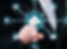 Finger points to digital cloud icon at center, surrounded by tech symbols like camera and email on a futuristic interface. Blue-silver tones.